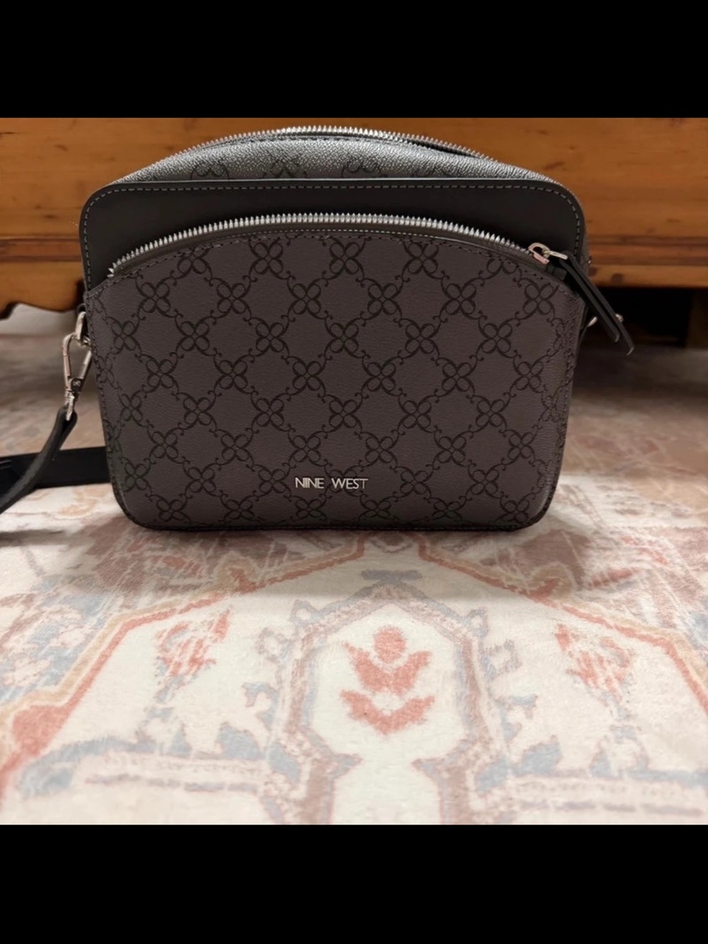 Nine West Dark Brown Quilted Logo Crossbody Bag